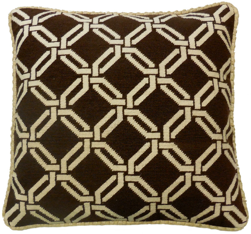 Needlepoint Hand-Embroidered Wool Throw Pillow Exquisite Home Designs chain square in dark brown checker cording