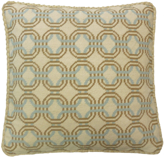 Needlepoint Hand-Embroidered Wool Throw Pillow Exquisite Home Designs chain circle light blue/mustard yellow checker cording