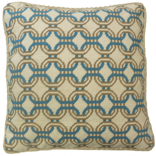 Needlepoint Hand-Embroidered Wool Throw Pillow Exquisite Home Designs chain circle lake blue/mustard yellow checker cording