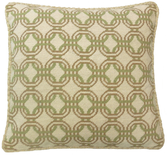 Needlepoint Hand-Embroidered Wool Throw Pillow Exquisite Home Designs chain circle lime green/mustard yellow checker cording