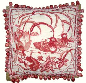 Needlepoint Hand-Embroidered Wool Throw Pillow Exquisite Home Designs  red Mandarin Ducks lotus flower with tassels
