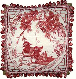 Needlepoint Hand-Embroidered Wool Throw Pillow Exquisite Home Designs  red Manderain Ducks plum flowers with tassels