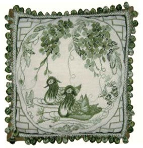 Needlepoint Hand-Embroidered Wool Throw Pillow Exquisite Home Designs  green Manderain Ducks plum flower with tassels
