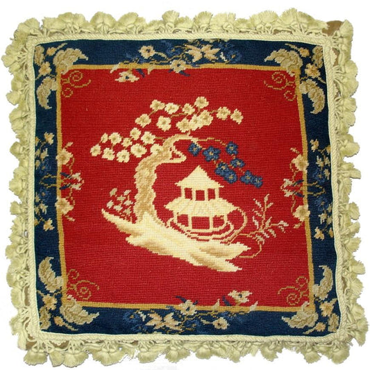 Needlepoint Hand-Embroidered Wool Throw Pillow Exquisite Home Designs Pagoda & plum tree on the red central background