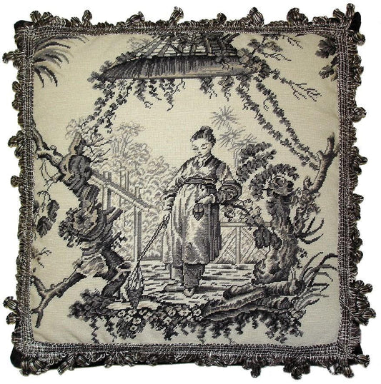Needlepoint Hand-Embroidered Wool Throw Pillow Exquisite Home Designs  Chinese fishwife black/white