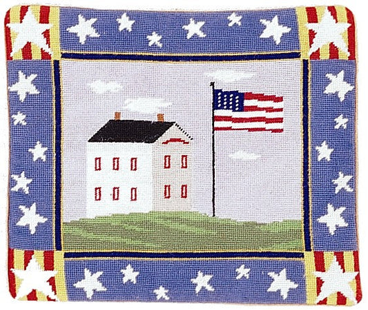 Needlepoint Hand-Embroidered Wool Throw Pillow Exquisite Home Designs house & flag 4 stars on the 4 corner