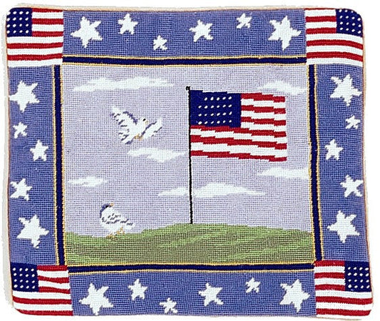 Needlepoint Hand-Embroidered Wool Throw Pillow Exquisite Home Designs center flag  & 4 corner 4 flags