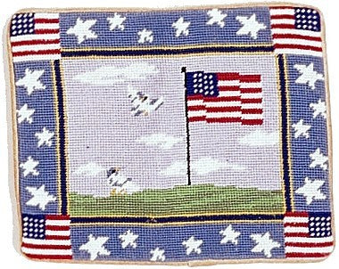 Needlepoint Hand-Embroidered Wool Throw Pillow Exquisite Home Designs center flag & 4 flags on 4 corners