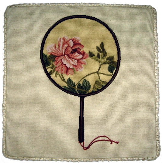 Needlepoint Hand-Embroidered Wool Throw Pillow Exquisite Home Designs pink peony in the Chinese fan with checker border