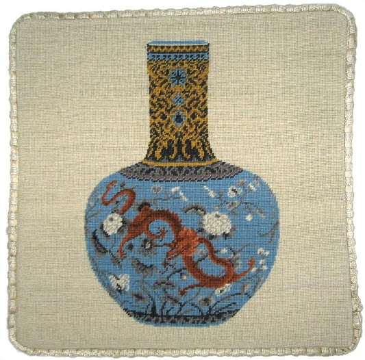 Needlepoint Hand-Embroidered Wool Throw Pillow Exquisite Home Designs  Ming dynasty dragon blue vast with cording