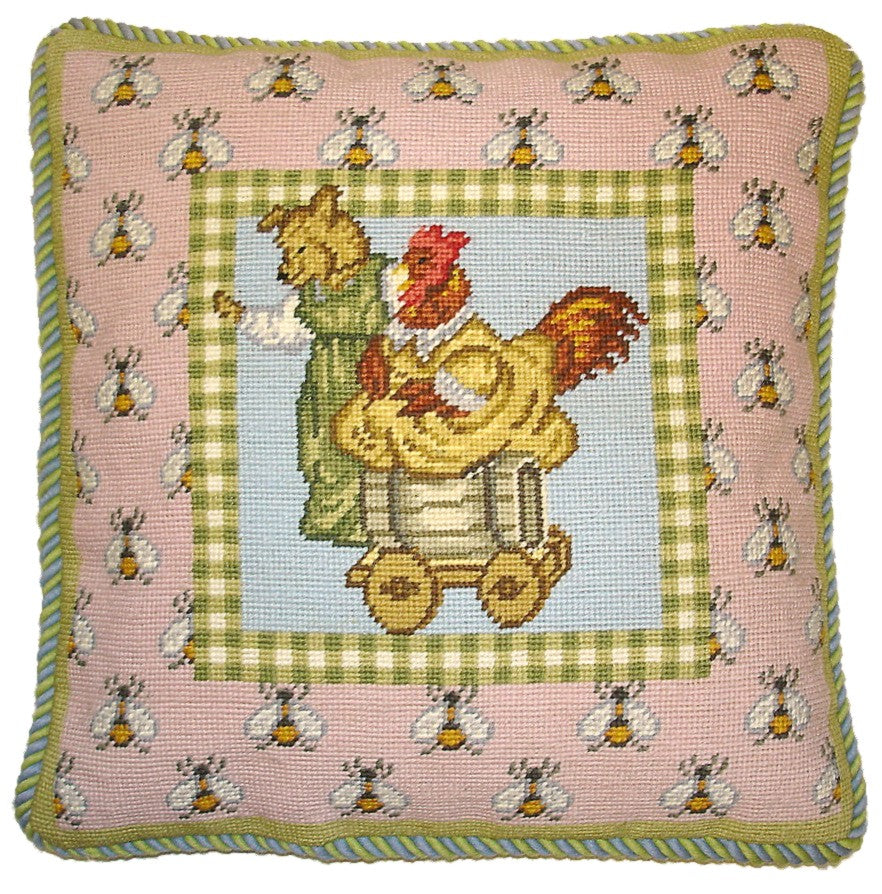 Needlepoint Hand-Embroidered Wool Throw Pillow Exquisite Home Designs bear & chicken bees on the board blue green cording