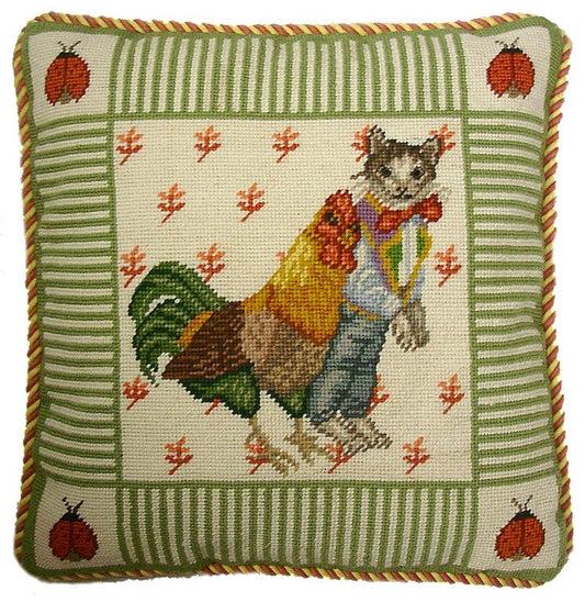 Needlepoint Hand-Embroidered Wool Throw Pillow Exquisite Home Designs cat boy & chicken ladybug on 4 corners mauve & yellow cording