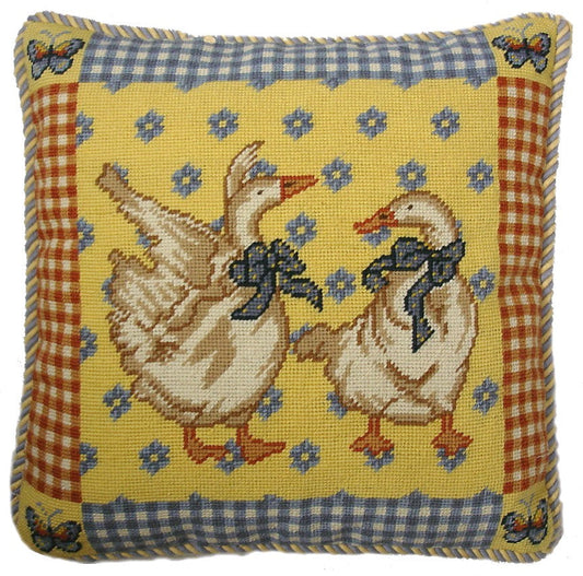 Needlepoint Hand-Embroidered Wool Throw Pillow Exquisite Home Designs gees butterfly on 4 corner blue & yellow cording