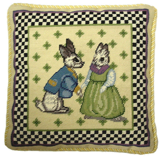 Needlepoint Hand-Embroidered Wool Throw Pillow Exquisite Home Designs 2 rabit baby black white check nature & cream cording