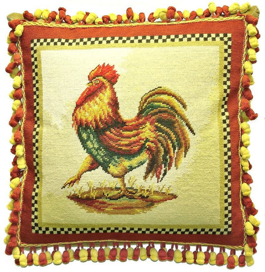Needlepoint Hand-Embroidered Wool Throw Pillow Exquisite Home Designs rooster 2 color onion tassel