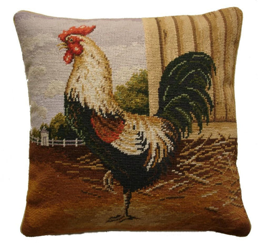 Needlepoint Hand-Embroidered Wool Throw Pillow Exquisite Home Designs roosterArthur