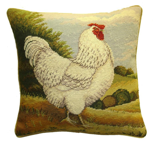 Needlepoint Hand-Embroidered Wool Throw Pillow Exquisite Home Designs white roosterByron