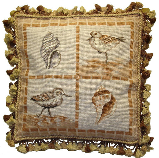Needlepoint Hand-Embroidered Wool Throw Pillow Exquisite Home Designs Brown bird and shell with tassel
