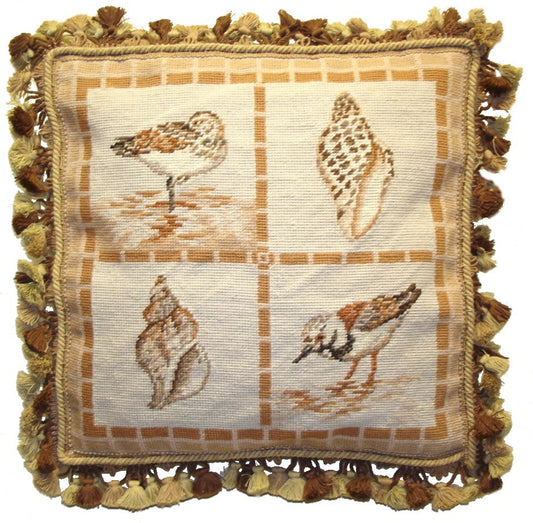 Needlepoint Hand-Embroidered Wool Throw Pillow Exquisite Home Designs stone shells and birds with tassel