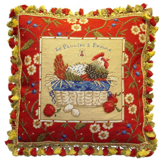 Needlepoint Hand-Embroidered Wool Throw Pillow Exquisite Home Designs SudiMcCollums design Le Panier a Pomme, with  bea and 3 color tassel