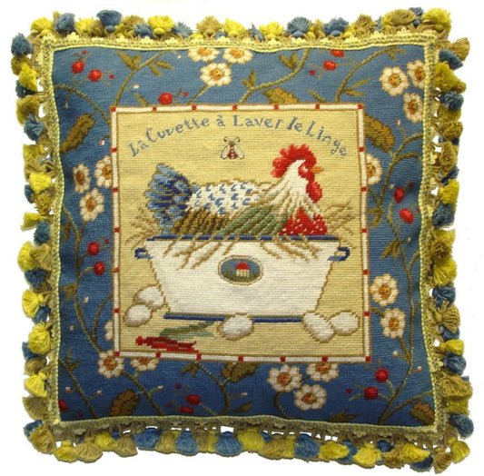 Needlepoint Hand-Embroidered Wool Throw Pillow Exquisite Home Designs Sudi McCollums designLa Cuvette a Laver le Linge with  bee and 3 color tassel
