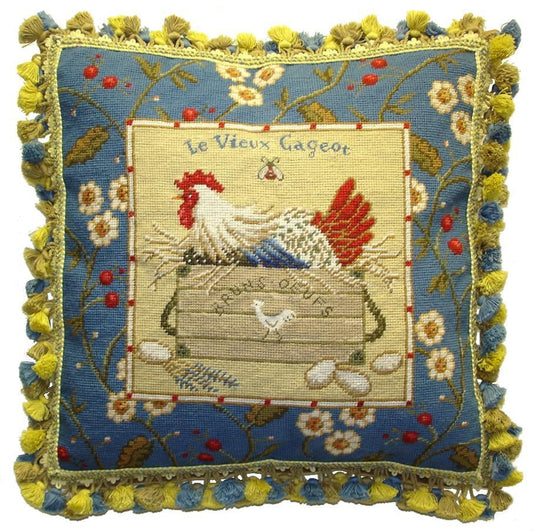 Needlepoint Hand-Embroidered Wool Throw Pillow Exquisite Home Designs Sudi McCollums designLe Vieux Cageot with  bee and 3 color tassel