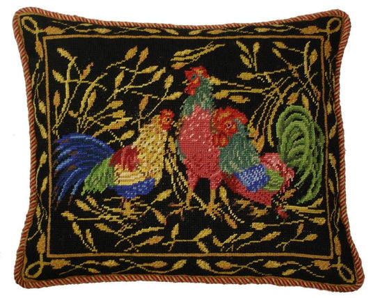 Needlepoint Hand-Embroidered Wool Throw Pillow Exquisite Home Designs Anne Hathaways design 3 roosters