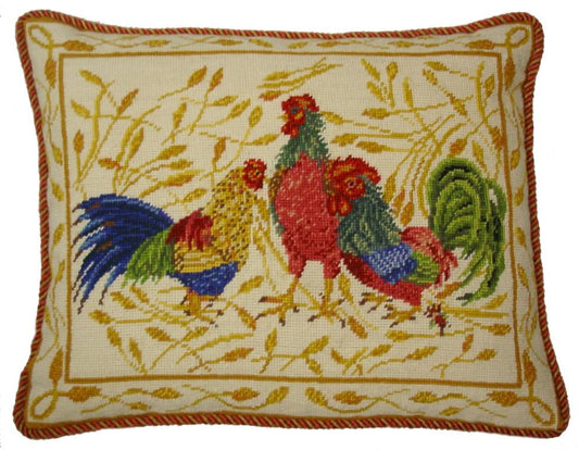 Needlepoint Hand-Embroidered Wool Throw Pillow Exquisite Home Designs 3 roosters Anne Hathaways Design