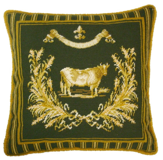 Needlepoint Hand-Embroidered Wool Throw Pillow Exquisite Home Designs Gayle Bighouse design french County Cow, green