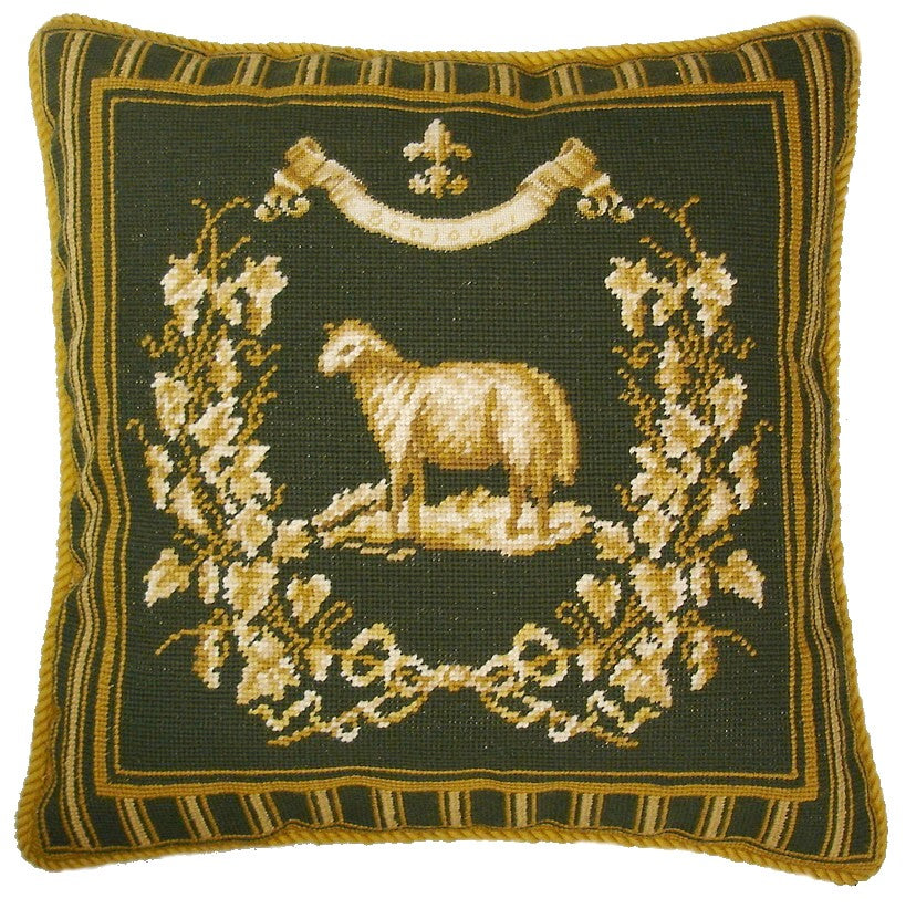 Needlepoint Hand-Embroidered Wool Throw Pillow Exquisite Home Designs Gayle Bighouses Design french country sheep green