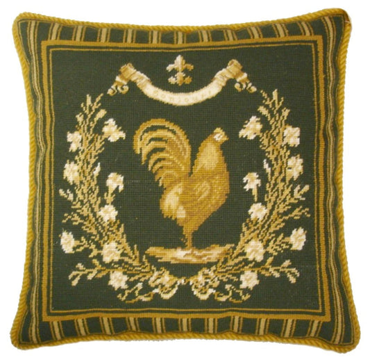 Needlepoint Hand-Embroidered Wool Throw Pillow Exquisite Home Designs Gayle Bighouses design french country rooster green