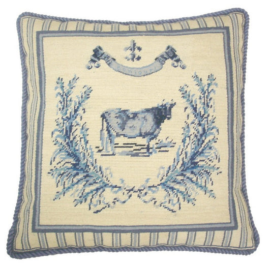 Needlepoint Hand-Embroidered Wool Throw Pillow Exquisite Home Designs Gayle Bighouse design french country cow blue