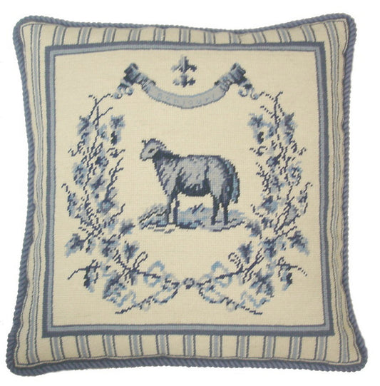 Needlepoint Hand-Embroidered Wool Throw Pillow Exquisite Home Designs Gayle Bighouses design french country sheep blue