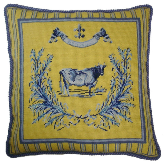 Needlepoint Hand-Embroidered Wool Throw Pillow Exquisite Home Designs yellow/blue cow with cording