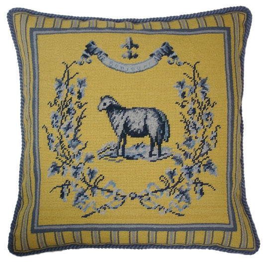 Needlepoint Hand-Embroidered Wool Throw Pillow Exquisite Home Designs yellow/blue sheep with cording