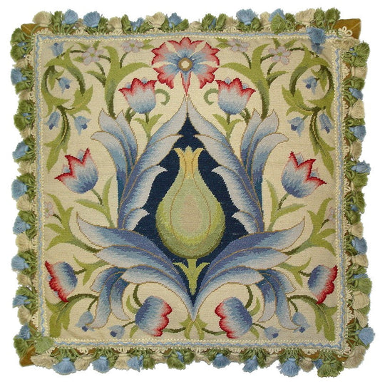 Needlepoint Hand-Embroidered Wool Throw Pillow Exquisite Home Designs William Morris old rose with blue/green/badge tassel I