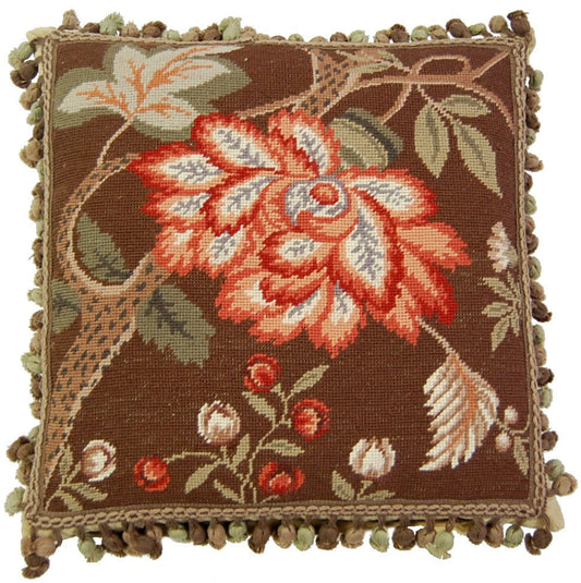 Needlepoint Hand-Embroidered Wool Throw Pillow Exquisite Home Designs tropical floral with 3 color tassel I