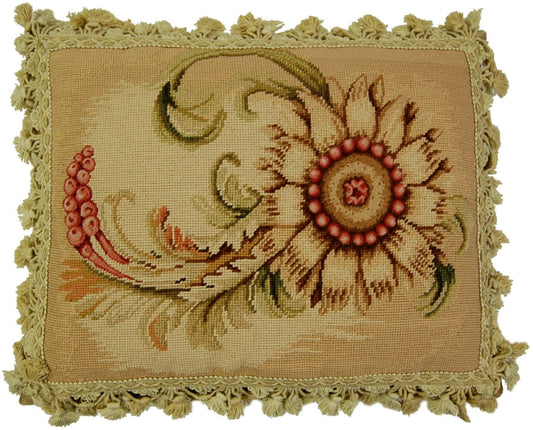 Needlepoint Hand-Embroidered Wool Throw Pillow Exquisite Home Designs Wheat flower side with tassels