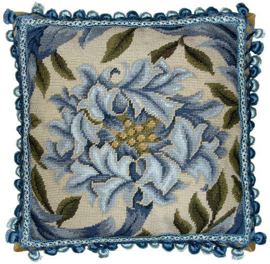 Needlepoint Hand-Embroidered Wool Throw Pillow Exquisite Home Designs William Morris blue Chrysanthemum with 2 color blue tassels