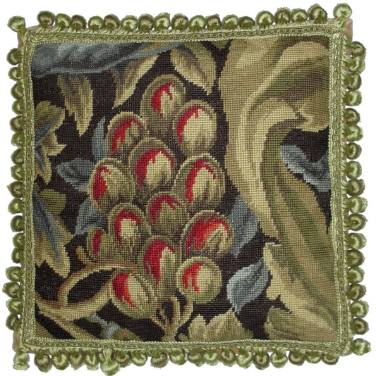 Needlepoint Hand-Embroidered Wool Throw Pillow Exquisite Home Designs William Morris red fruit with tassels