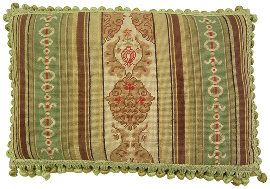 Needlepoint Hand-Embroidered Wool Throw Pillow Exquisite Home Designs green/brown large patten in center with 3 color tassels