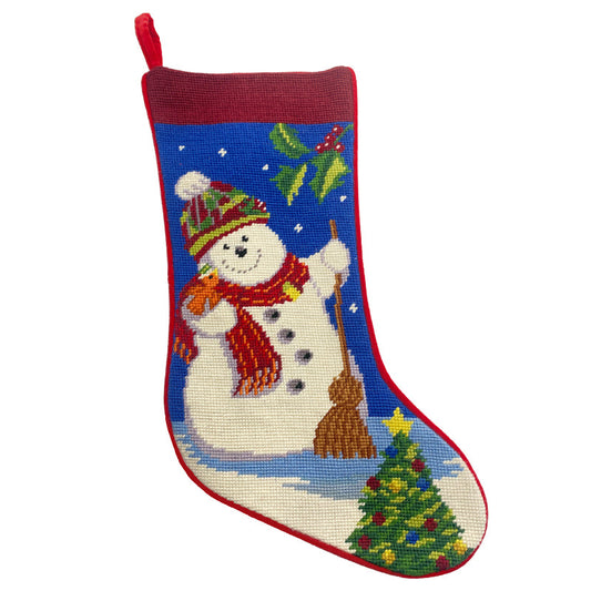 Needlepoint Hand-Embroidered Wool Stocking Exquisite Home Designs Snowman holding a bloom blue background