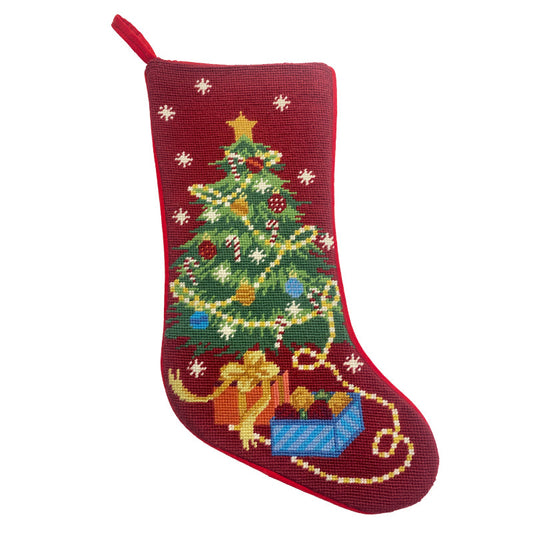 Needlepoint Hand-Embroidered Wool Stocking Exquisite Home Designs Christmas Tree red background starts all over