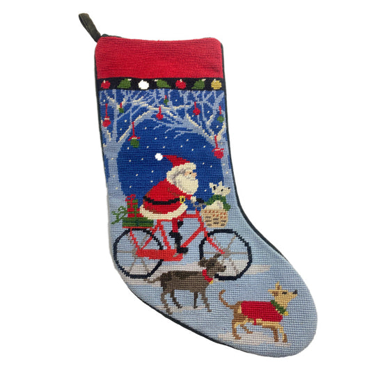 Needlepoint Hand-Embroidered Wool Stocking Exquisite Home Designs Santa on the bicycle blue background red top