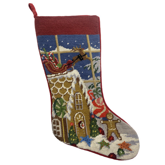 Needlepoint Hand-Embroidered Wool Stocking Exquisite Home Designs Ginger Bread with a reindeer slide