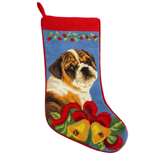 Needlepoint Hand-Embroidered Wool Stocking Exquisite Home Designs Bull dog Christmas Stocking blue background flowers