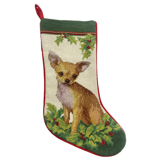 Needlepoint Hand-Embroidered Wool Stocking Exquisite Home Designs Chihuahua dog cherries in white background