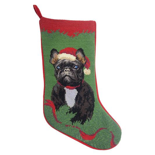 Needlepoint Hand-Embroidered Wool Stocking Exquisite Home Designs black English Bull dog in Santa hat green background