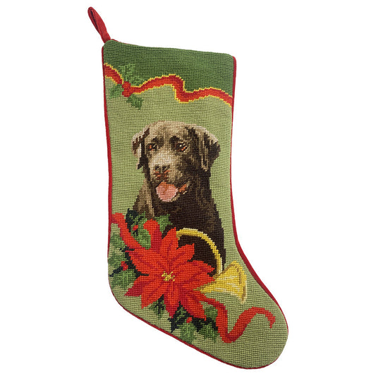Needlepoint Hand-Embroidered Wool Stocking Exquisite Home Designs Brown Lab red Poinsettia a light green background dark green top