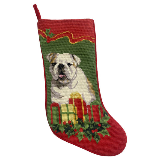 Needlepoint Hand-Embroidered Wool Stocking Exquisite Home Designs white French Bull dog gifts dark green background red top